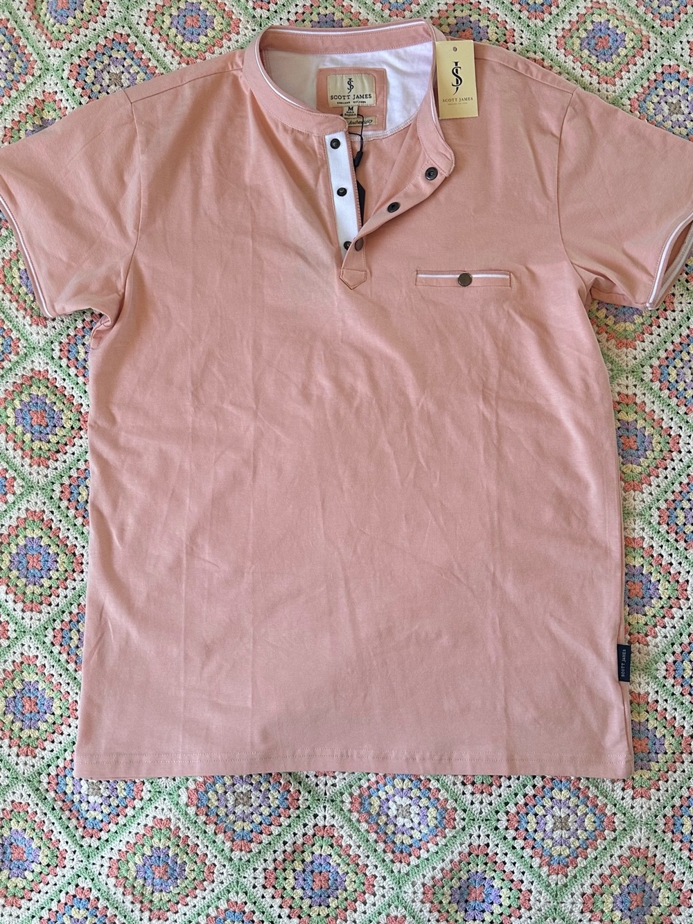 NWT Scott James Men’s Short Sleeve Henley Shirt Pink Size Mediu